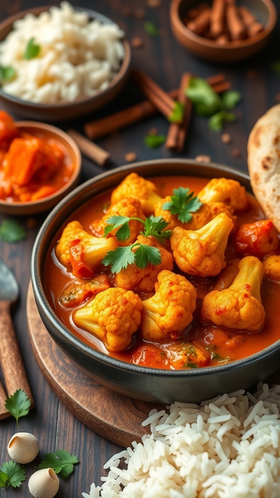 A bowl of spicy cauliflower curry with cilantro, served with rice and naan, surrounded by spices.